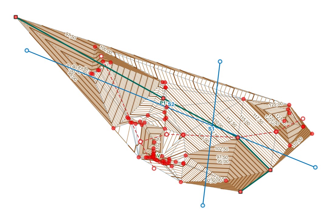 TPCad: curve di livello, sezioni e profilo di un rilievo di esempio